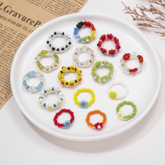 Japanese and Korean Style Fashion Small Flower Shaped Rice Bead Rings, Multi-Colored Flower Rings for Women, Elastic Band Factory Wholesale