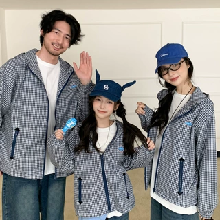 韩系细格纹亲子连帽外套宽松休闲一家三口秋装格子夹克母子女装潮