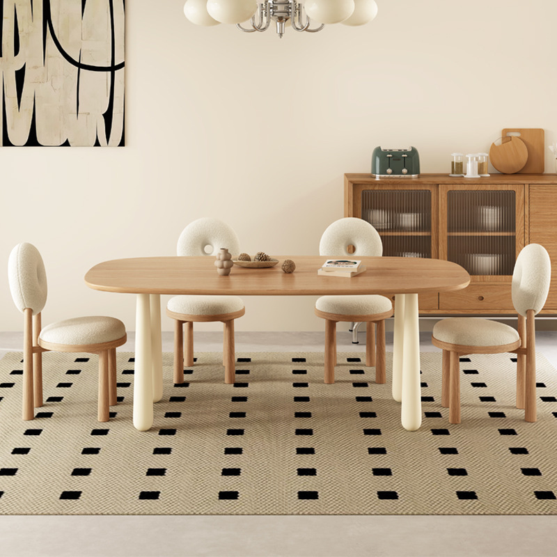 法式奶油椭圆形创意实木饭桌北欧侘寂风小户型家用原木餐桌椅组合