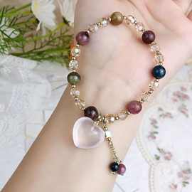 简约甜美碧玺手链女单圈学生粉晶爱心吊坠奥地利水晶手串DIY饰品