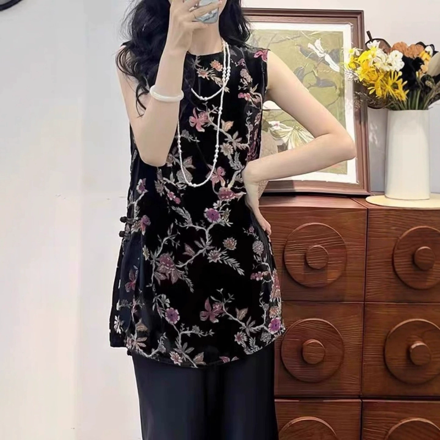 夏季新款丝绒无袖长衫复古新中式国风设计改良侧盘扣复古碎花上衣