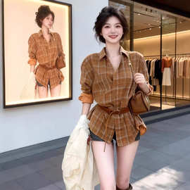 2026春季高级感格纹polo领衬衫女美式复古宽松显瘦百搭长袖上衣