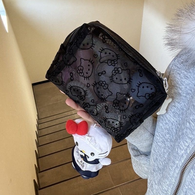 &⇞简约可爱黑色网纱kitty化妆包便携大容量收纳包手拿补妆包耐脏|undefined