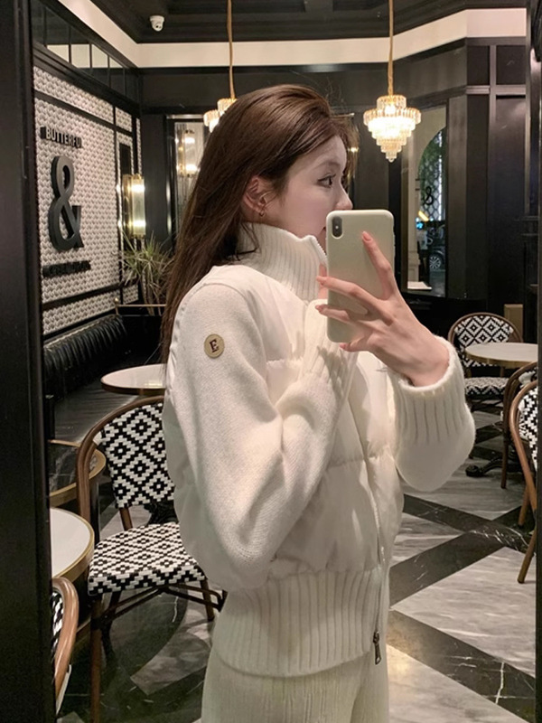 Autumn and Winter New French-Style Design Niche Patchwork Sweater Short White down Jacket Warm Coat