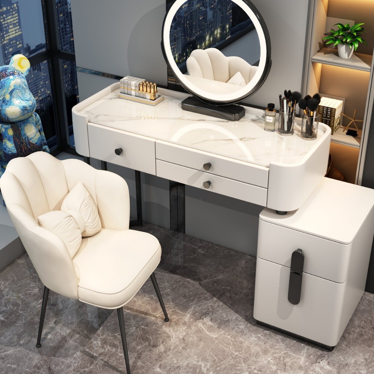Cream style rock board solid wood dressing table chest of drawers integrated Internet celebrity retractable dressing table bedroom modern simple makeup table