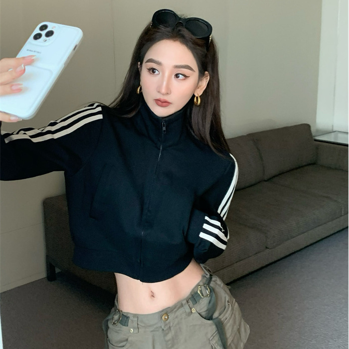 Early Autumn Sweatshirt Women's Three-Stripe Sports Zipper Short Sweatshirt Early Autumn American Retro Cardigan Top Foreign Trade Wholesale