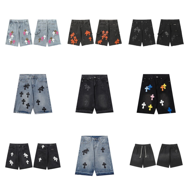 Cross-Border Trendy Brand Ch Croxx Vintage Washed Metal Patchwork Denim Shorts Unisex in Stock Direct from Factory Cross-Border Trendy Brand Ch Croxx Vintage Washed Metal Patchwork Denim Shorts Unisex in Stock Direct from Factory