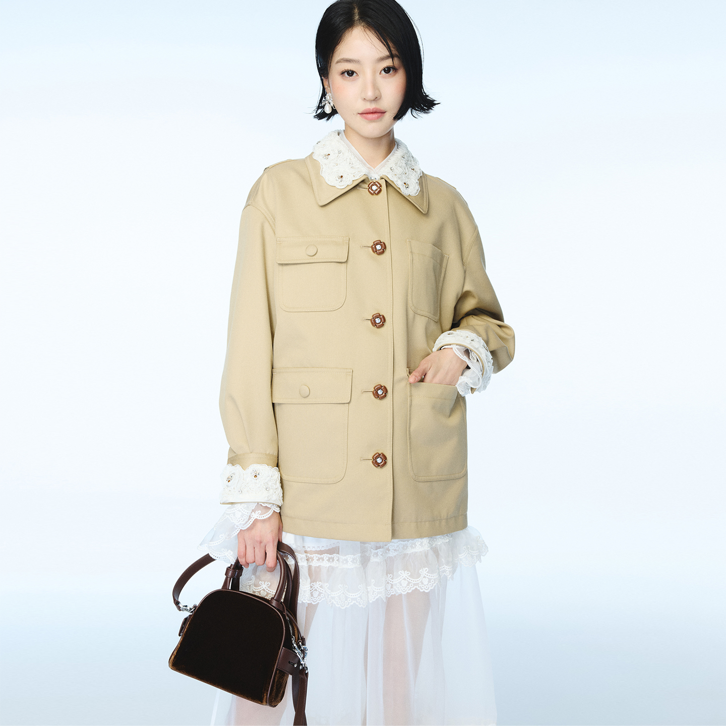 Autumn and Winter New Lace Collar Trench Coat Korean Style Doll Collar Coat for Women