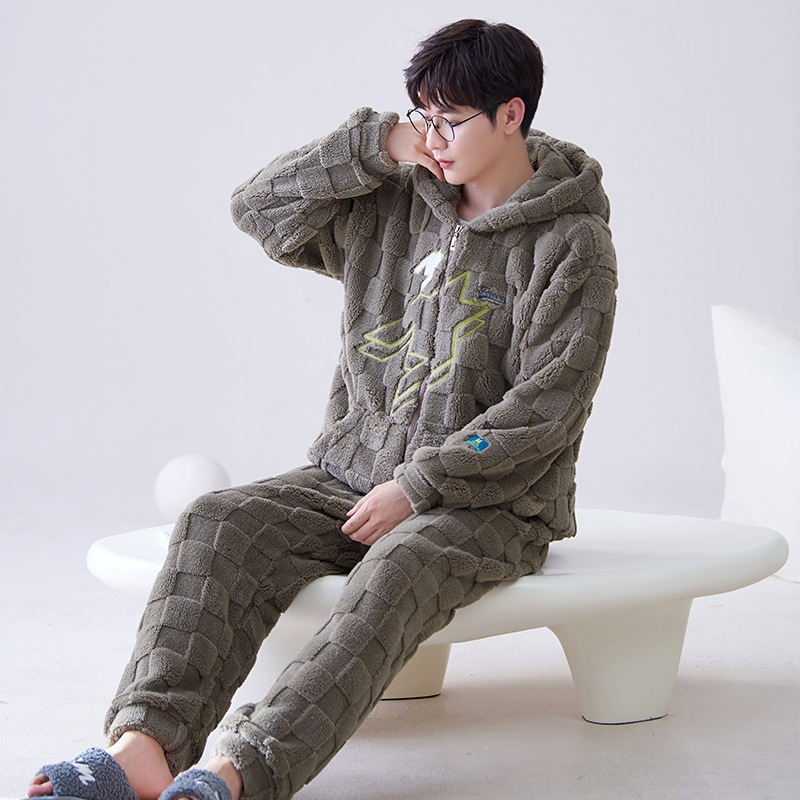 Pijamas Otoño e Invierno de los hombres de lana de coral forrado de lana gruesa caliente con capucha franela suelta más tamaño homewear traje