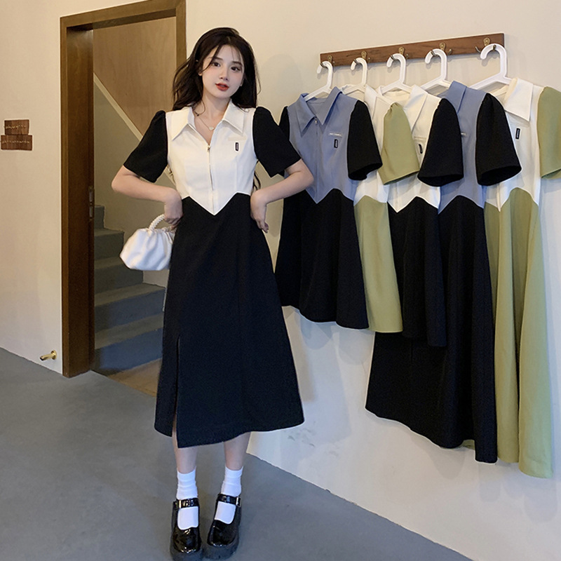 设计感撞色拼接连衣裙女夏季韩版2022新款POLO领收腰显瘦短袖裙子