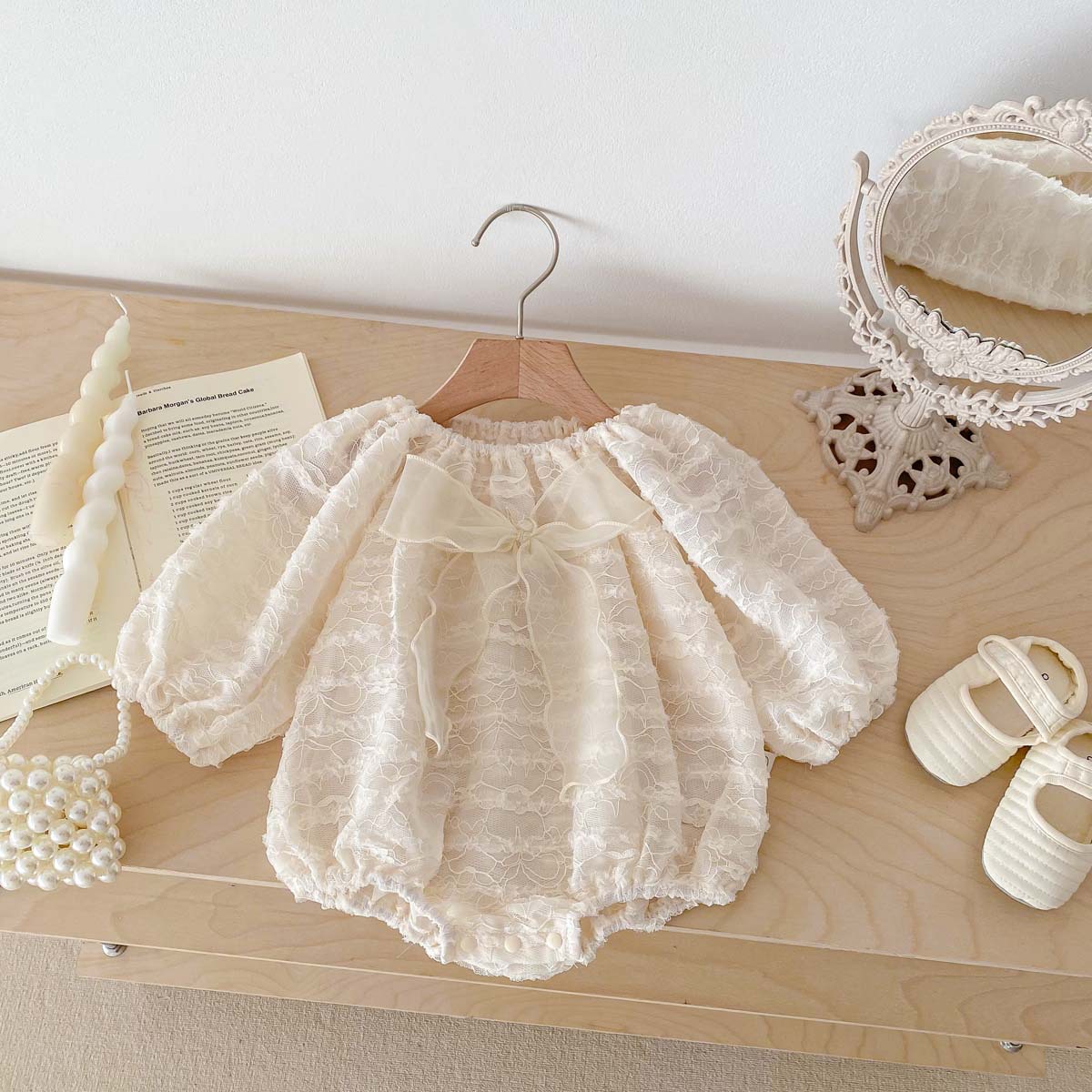 Bebé mono primavera niña dulce arco nudo bolsa pedo mameluco recién nacido un mes de edad princesa mameluco