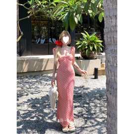 夏季新款甜美法式红色格子吊带连衣裙子女度假风鱼尾长裙