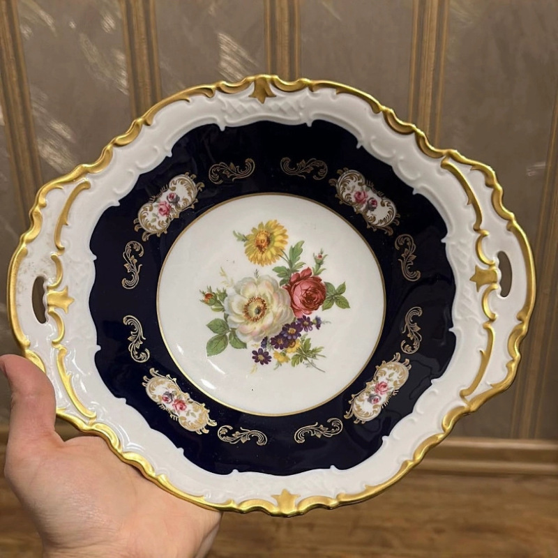 Retro Cobalt Blue Dessert Plate, Handmade Gilt Fruit Plate, Candy Plate, Tableware