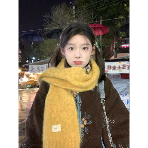 Lambswool Korean-style yellow scarf that makes you look good, suitable for girls in winter, knitted yarn, warm and versatile, high-end, windproof