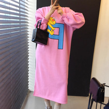 东大门ins秋冬新款韩版慵懒风宽松减龄卡通印花加绒卫衣连衣长裙