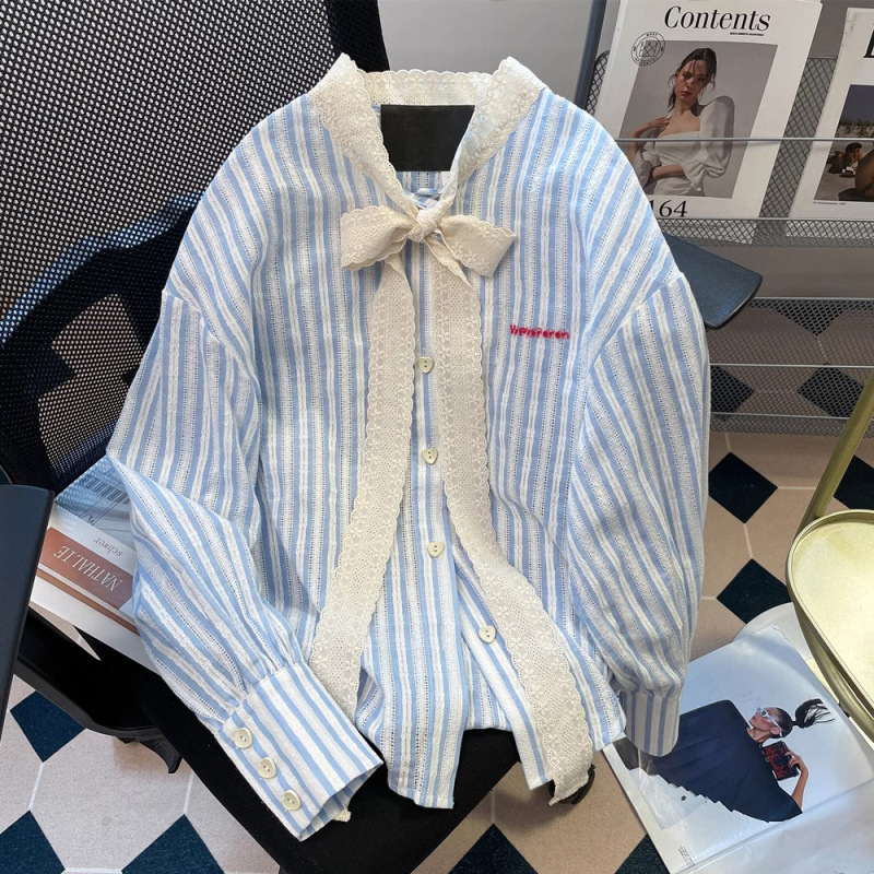 NUNBAI French Ribbon Lace Bow Striped Shirt Women's Spring and Autumn Korean Niche Chic and Beautiful Elegant Long