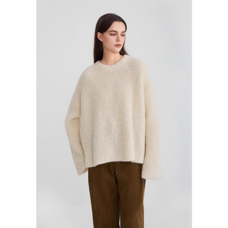 Wenjiu 25 Autumn and Winter Alpaca Wool Blended Soft Waxy Fluffy Round Neck Loose Tweed Knitwear Knitwear 9385