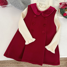 女童红色毛呢背心裙冬季2024新款宝宝加绒连衣裙儿童加厚过年裙子