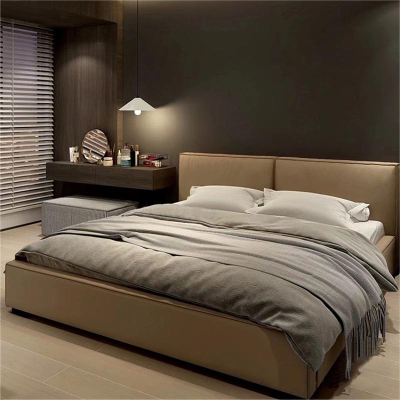 Cama de tofu de cuero minimalista italiana dormitorio de diseño de cuero de vaca, cama doble principal, caja alta y baja, cama de paquete suave image 5