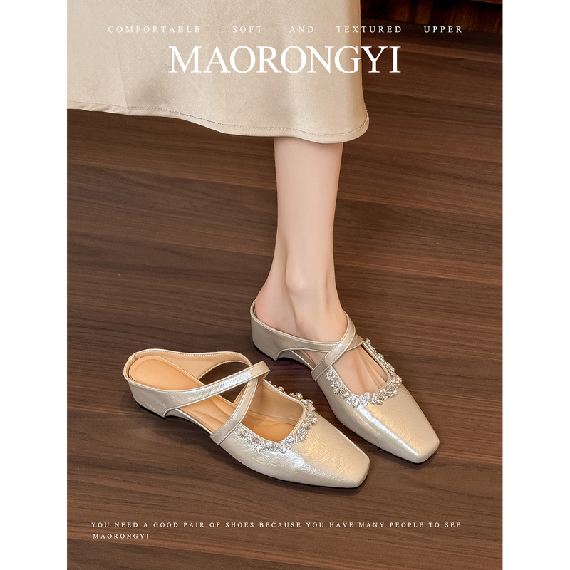 Sheepskin Version~4.5Cm Height-Increasing Hollow-Out Rhinestone Thick-Soled Closed-Toe Sandals for Women, Square-Toe Slip-On Lazy Mule Slippers Sheepskin Version~4.5Cm Height-Increasing Hollow-Out Rhinestone Thick-Soled Closed-Toe Sandals for Women, Square-Toe Slip-On Lazy Mule Slippers