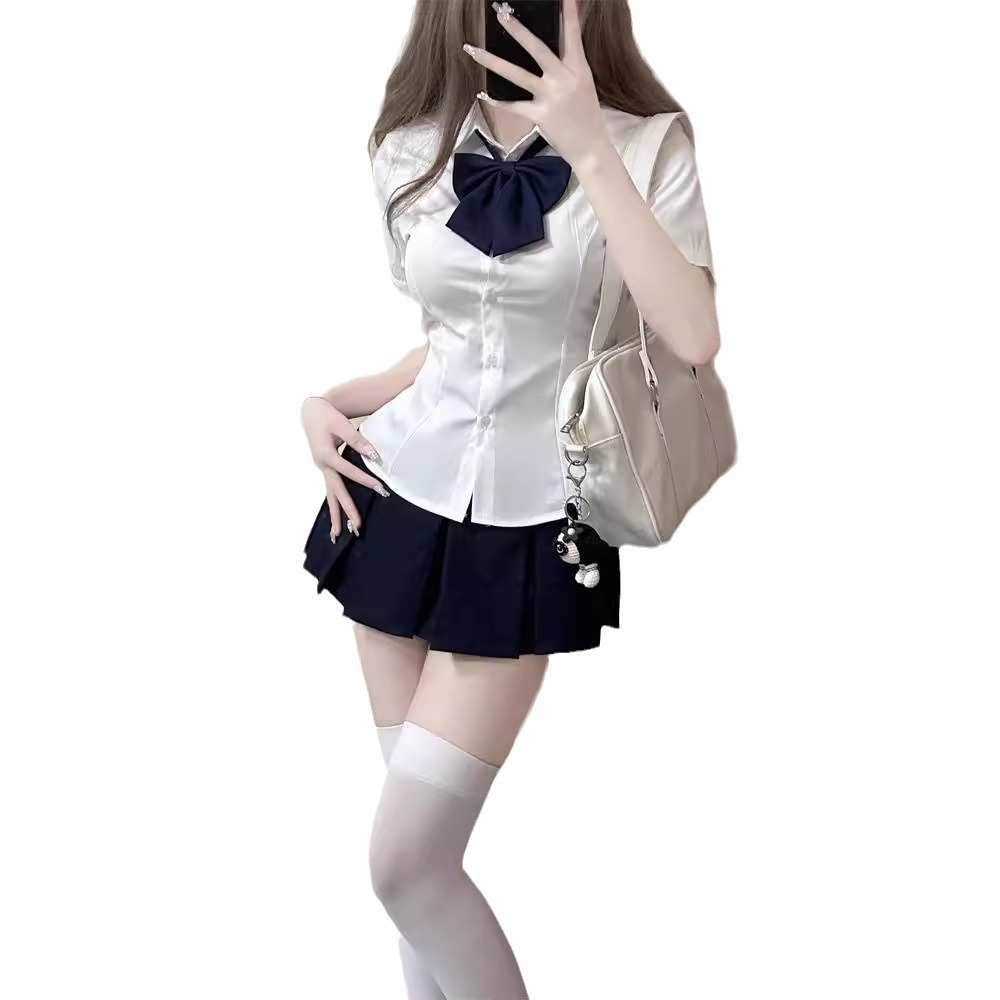 JK 유니폼 순수한 정욕 스타일 여름 뜨거운 소녀 반팔 허리 다목적 대학 스타일 슬림 JK 셔츠 스트랩 버블 셔츠