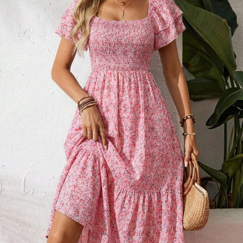 2025 European and American Summer New Style Cross-Border Bestseller on Wish and Amazon: Square Neck Puff Sleeve Floral Long Dress 2025 European and American Summer New Style Cross-Border Bestseller on Wish and Amazon: Square Neck Puff Sleeve Floral Long Dress