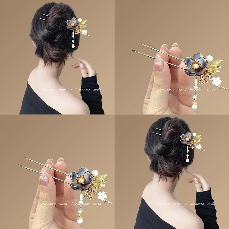 花 U 字型ヘアピン新中国風の古代スタイルの女性のハイエンド 2025 新しいヘアピンヘアピンヘアアクセサリー頭飾り|undefined