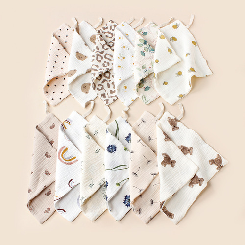 Infant 100% Cotton Soft Square Towel with Double String Muslin Square Handkerchief Baby Gauze Face Towel