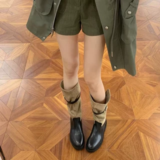 牛皮版翻折两穿靴子骑士靴女皮带扣长筒靴粗跟堆堆靴子西部牛仔靴