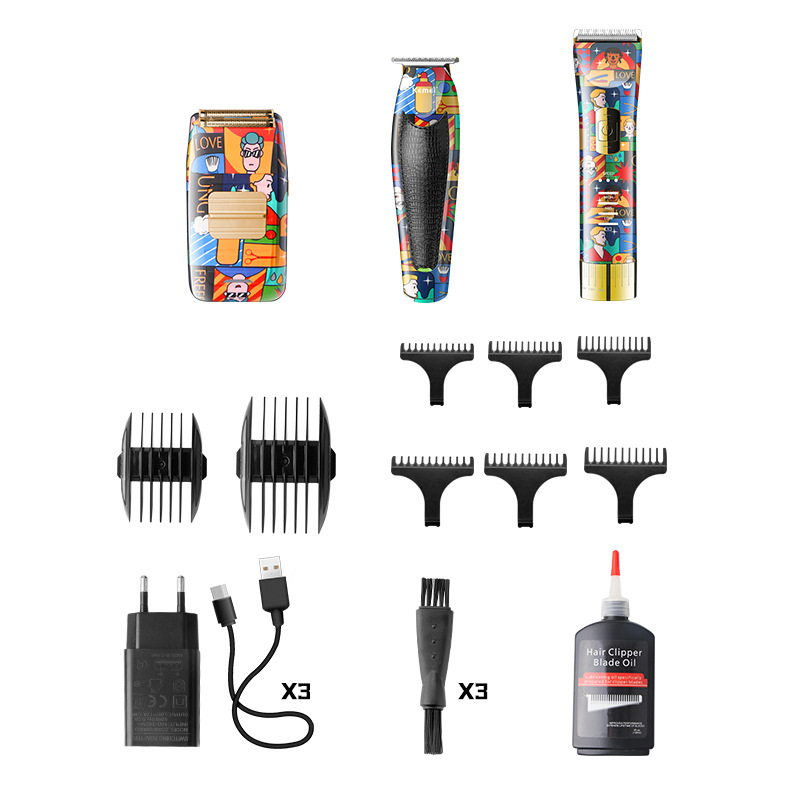 Set de afeitado con cortapelos Kemei, recortadora de pelo eléctrica de tres piezas para uso doméstico, cortapelos eléctrico profesional para peluquerías.