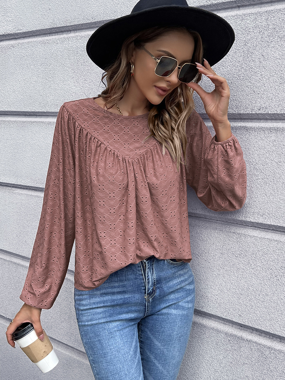 solid color pleated round neck long sleeve top NSYBL136707