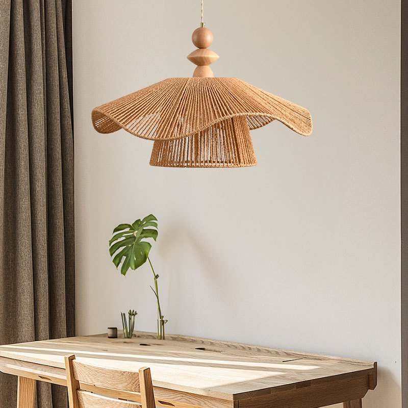 Lámpara del restaurante japonés, viento tranquilo retro dormitorio, lámpara de sombrero de paja, lámpara de cuerda de lino de papel tejida a mano simple