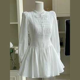 2025年新款简约气质收腰显瘦花边长袖连衣裙小个子女网纱纯色拼接