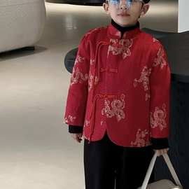 儿童龙年服装男童冬季新年红色中国龙刺绣汉服套装宝宝拜年服唐装