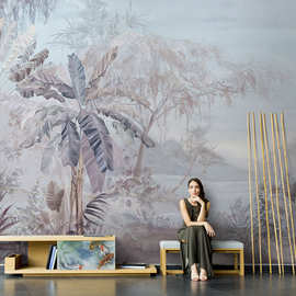 东南亚手绘芭蕉叶个性壁画电视背景墙壁纸客厅沙发无缝墙布
