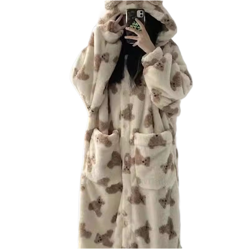 산호 양털 파자마 여성의 가을과 겨울 2024 새로운 곰 소녀의 집 옷 긴 잠옷 두꺼운 기모 목욕 가운