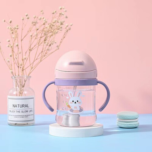 Newborn Baby Sippy Cup with Plastic Straw Handle Gravity Ball Cartoon Dinosaur Water Cup for Kids