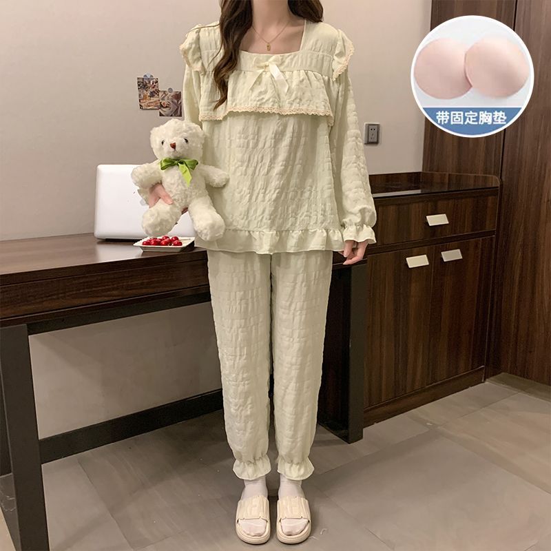 Al por mayor transfronterizo primavera y otoño nuevo pijama de mujer cinturón de pecho tejido nubes algodón manga larga dulce princesa ropa de estilo casero cubierta