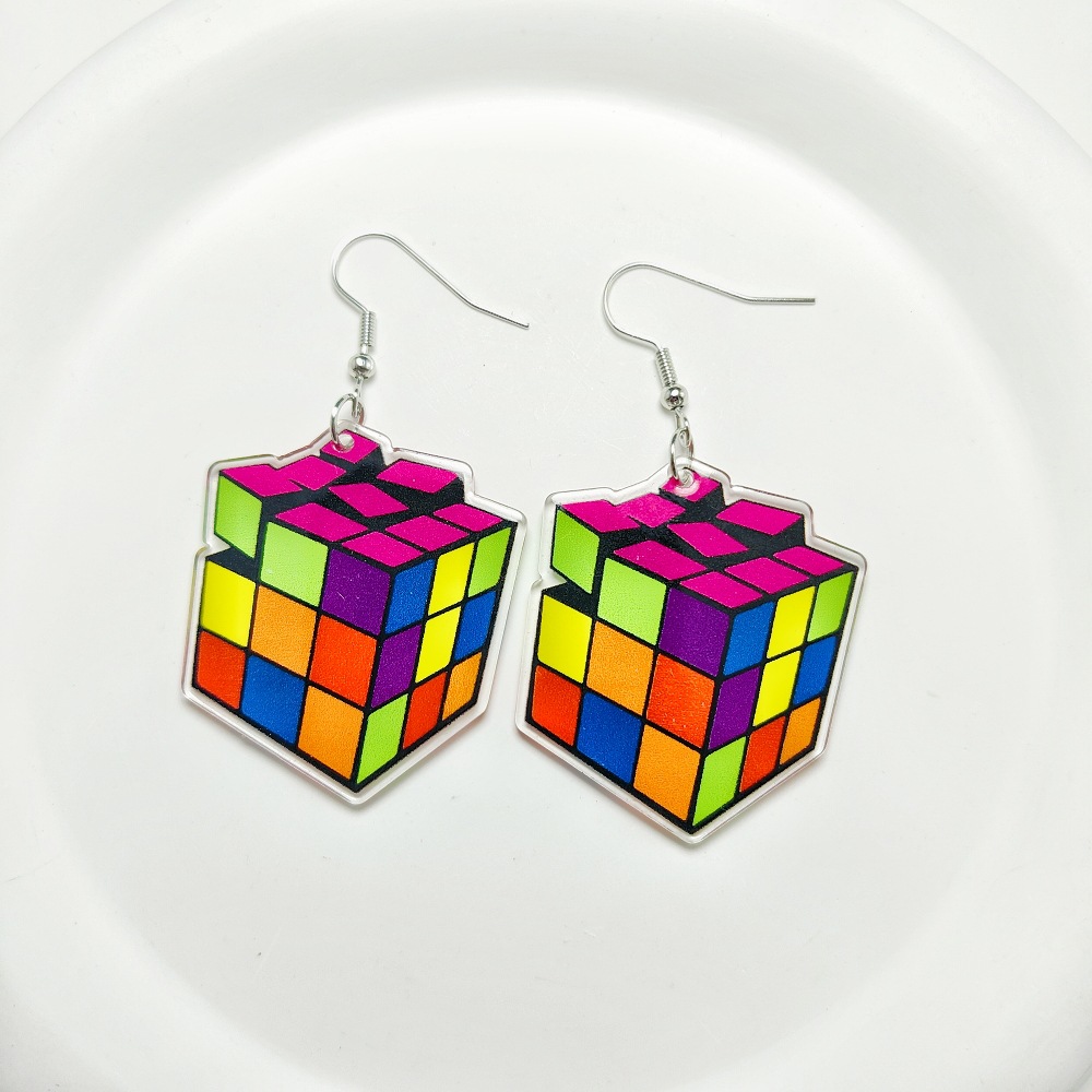 14g Weight Iron Ear Needle Material Drop Earrings Classification 1 Pair Quantity Holiday, Daily Occasion Acrylic Material Printing, Color Block, Rubik'S Cube Pattern Women's Gender Stoving Varnish Design Novelty Style 1 Pair Novelty Printing Color Block Rubik'S Cube Stoving Varnish Arylic Drop Earrings 15