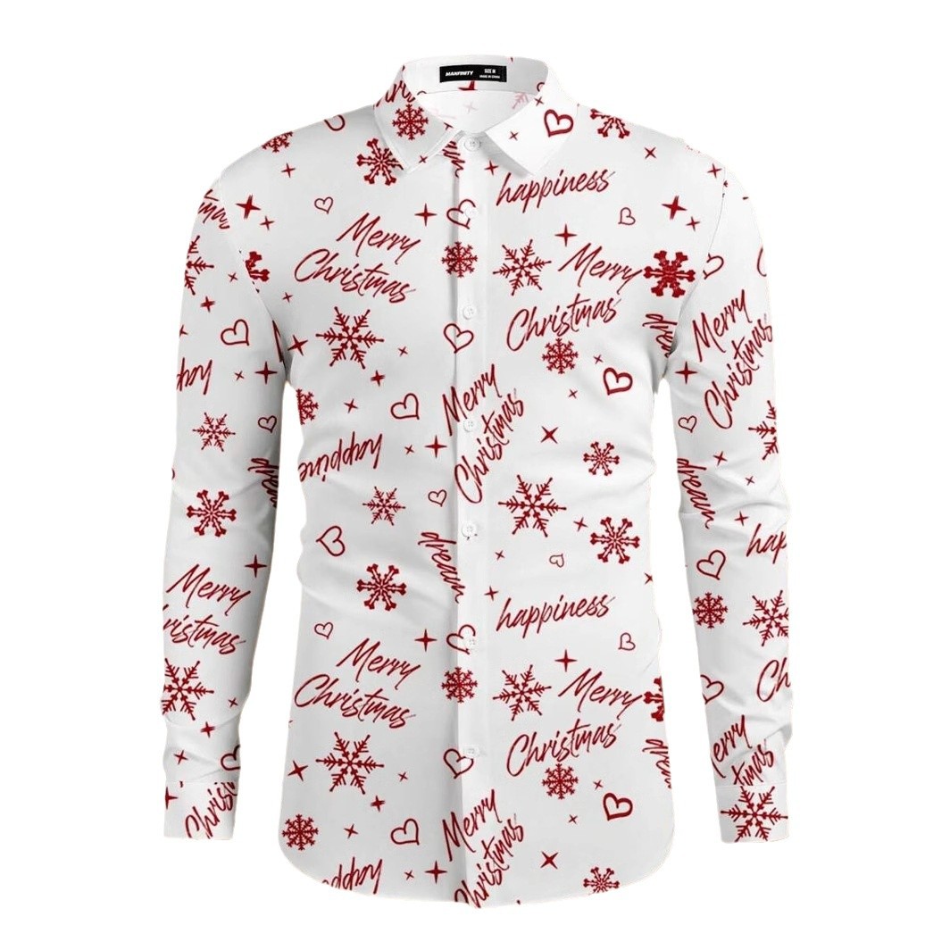 Romántico Navidad brillante copo de nieve 3D estampado hombre casual salvaje calle de manga larga solapa camisa con botones