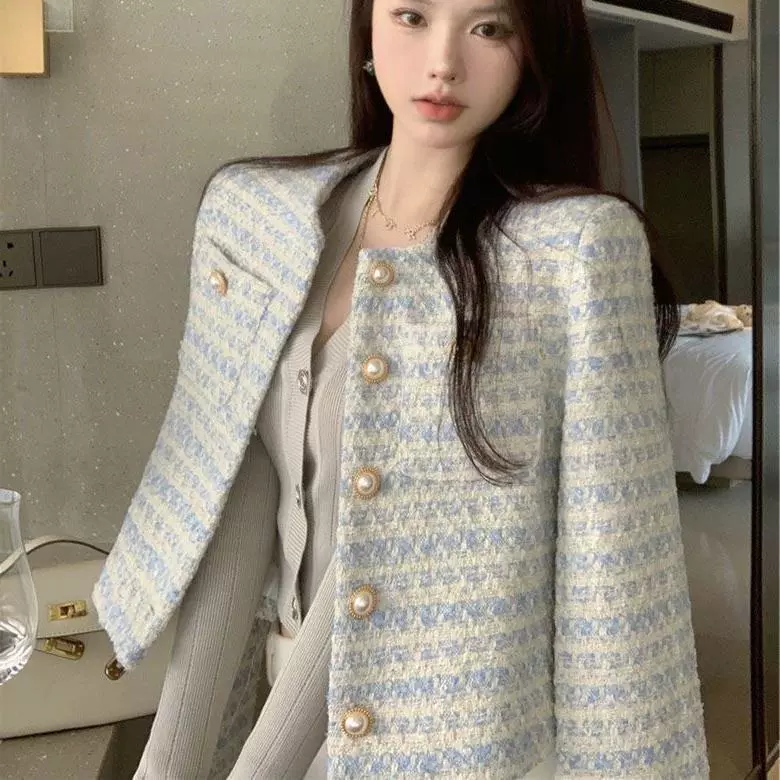 Короткая куртка женская, стиль French/Chanel, свободный крой твид, синий, размеры S–XL