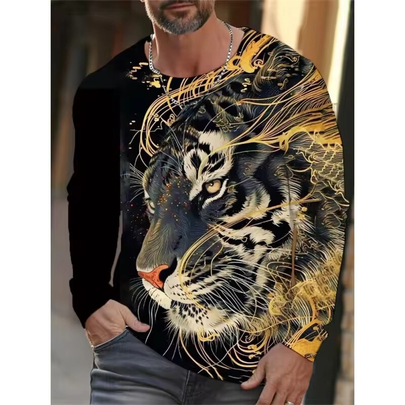 Cool Men's Tiger Pattern T-Shirt Animal 3D Printed T-Shirt Casual Long Sleeve Loose Round Neck Top