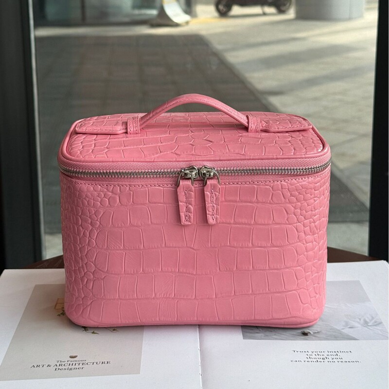Qiniu Genuine Leather First-Layer Cowhide Crocodile Pattern Pink Ins-Style Makeup Bag Portable Storage Travel Toiletry Bag