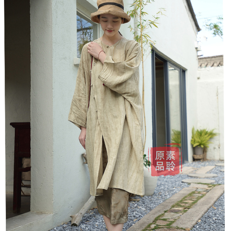 Retro Texture Tencel Linen Dirty Dye Modified Cheongsam Dress Light Chinese Style Slant Placket Mid-length Top S1604