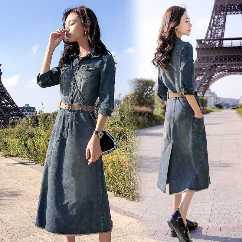 Denim Dress for Women 2025 Spring and Autum New Large Size High Waist Slim Elegant Slim Mid-Length Shirt Skirt