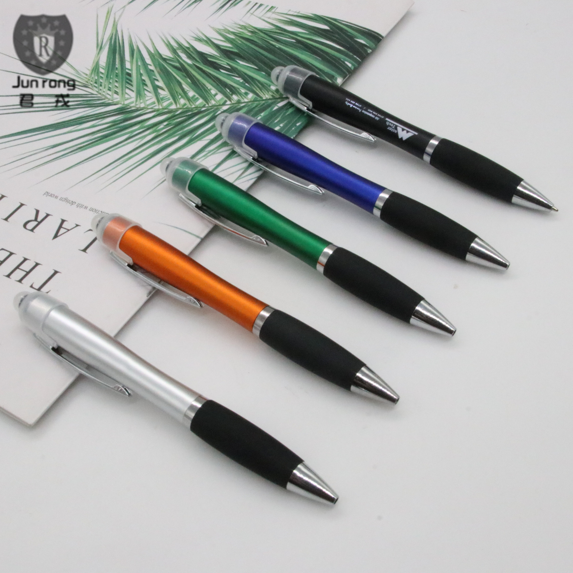 Bolígrafo de plástico con puntero táctil, logotipo láser, marca corporativa, artículos de papelería, 5 colores disponibles, bolígrafo de cinco colores para negocios.