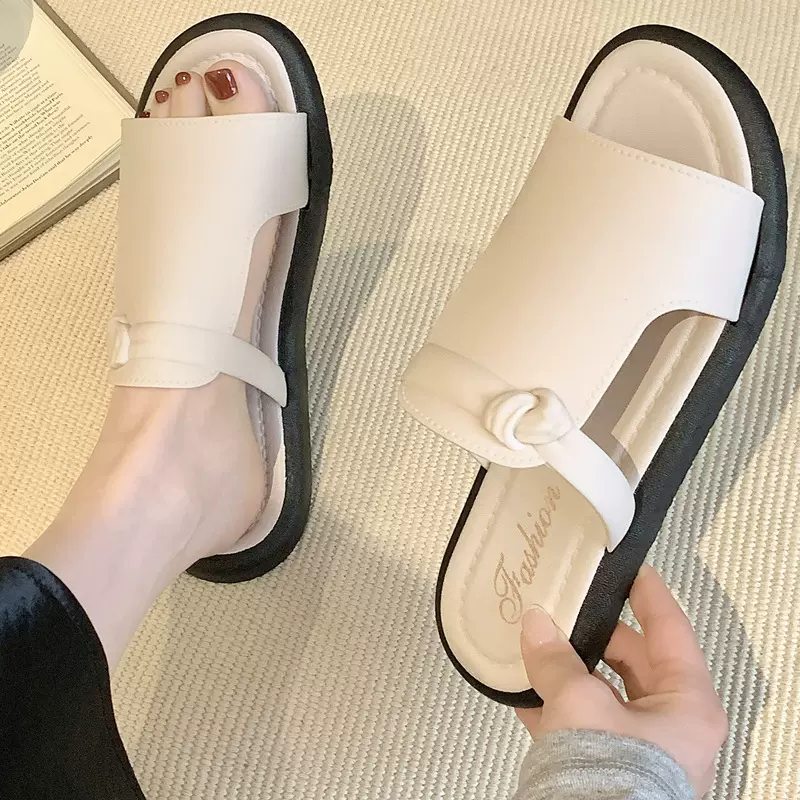 软底拖鞋女夏室外法式平底小香风沙滩露趾一字拖学生韩版家用防滑