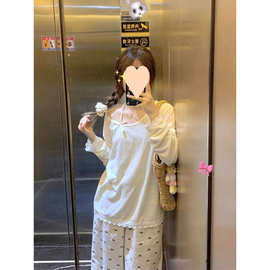 韩系百搭蝴蝶蕾丝结两穿可斜肩花边2024爆款长袖宽松甜妹穿搭上衣