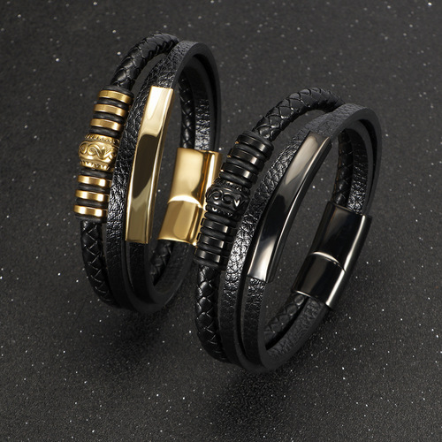 Cross-border stainless steel retro leather braided bracelet for men, titanium steel magnetic clasp multi-layer braided bracelet accessory wholesale