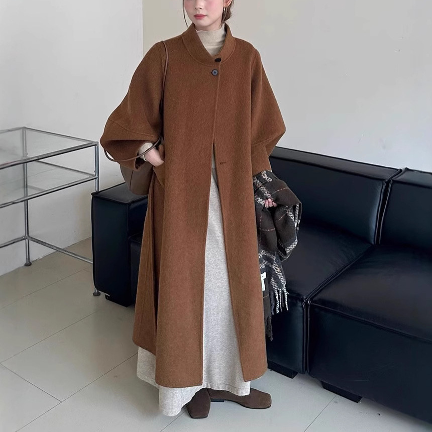 韩国东大门2025秋冬新款高端澳毛赫本风腰带显瘦立领长款双面大衣